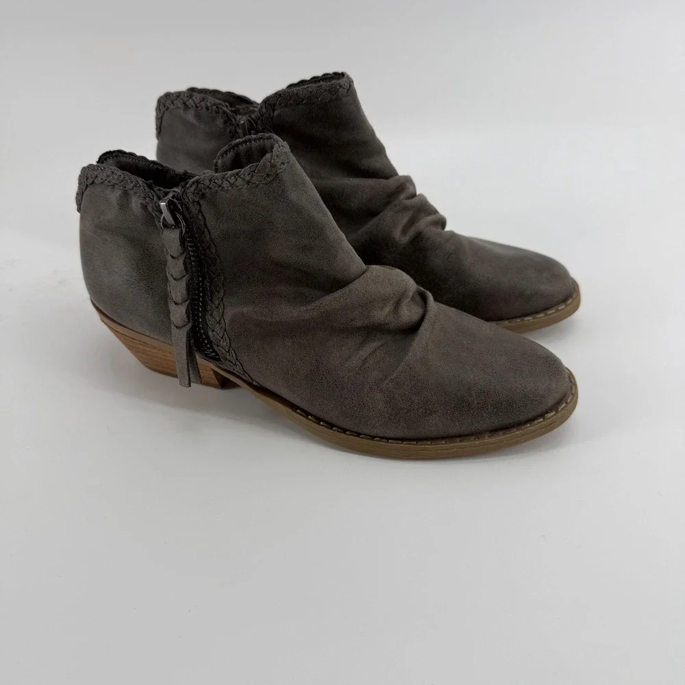 Report Dilly Gray Ruched Braided Ankle Boots Womens 6.5‎ Stacked Block Heel Boho
